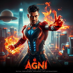 An electrifying film poster for a science fiction action movie titled 'AGNI', featuring a 27-year-old Indian man harnessing his fire superpowers to their fullest potential