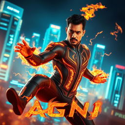 An electrifying film poster for a science fiction action movie titled 'AGNI', featuring a 27-year-old Indian man harnessing his fire superpowers to their fullest potential