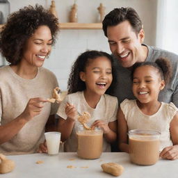 A heartwarming scene of a family enjoying eating peanut butter, smiles lighting up their faces as they scoop up spoonfuls of the creamy delight.