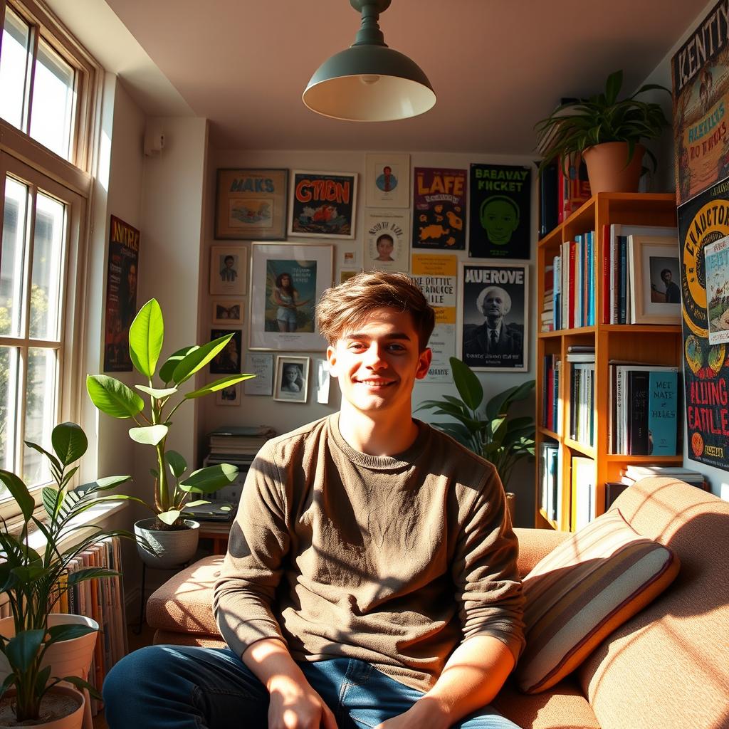 a young man inside a cozy, modern house that symbolizes his twenties, filled with vibrant colors and youthful decorations