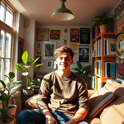 a young man inside a cozy, modern house that symbolizes his twenties, filled with vibrant colors and youthful decorations