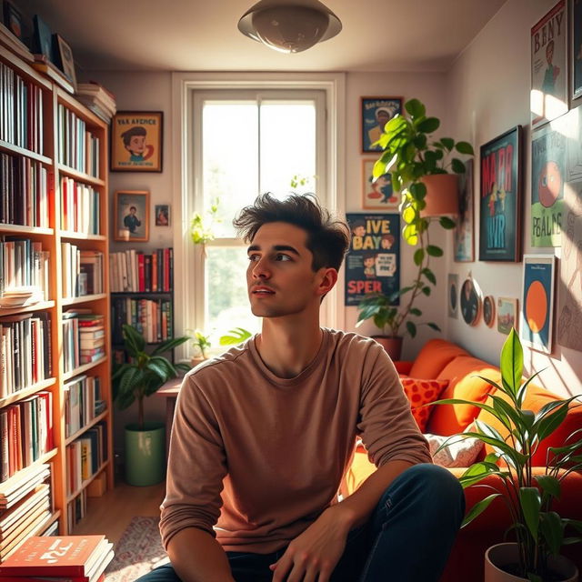 a young man inside a cozy, modern house that symbolizes his twenties, filled with vibrant colors and youthful decorations