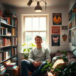 a young man inside a cozy, modern house that symbolizes his twenties, filled with vibrant colors and youthful decorations