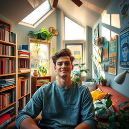 a young man inside a cozy, modern house that symbolizes his twenties, filled with vibrant colors and youthful decorations