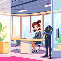 A vibrant cartoon illustration depicting a professional woman sitting at a sleek desk in an office setting, surrounded by modern office furniture and bright decor