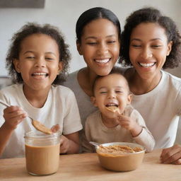 A heartwarming scene of a family enjoying eating peanut butter, smiles lighting up their faces as they scoop up spoonfuls of the creamy delight.