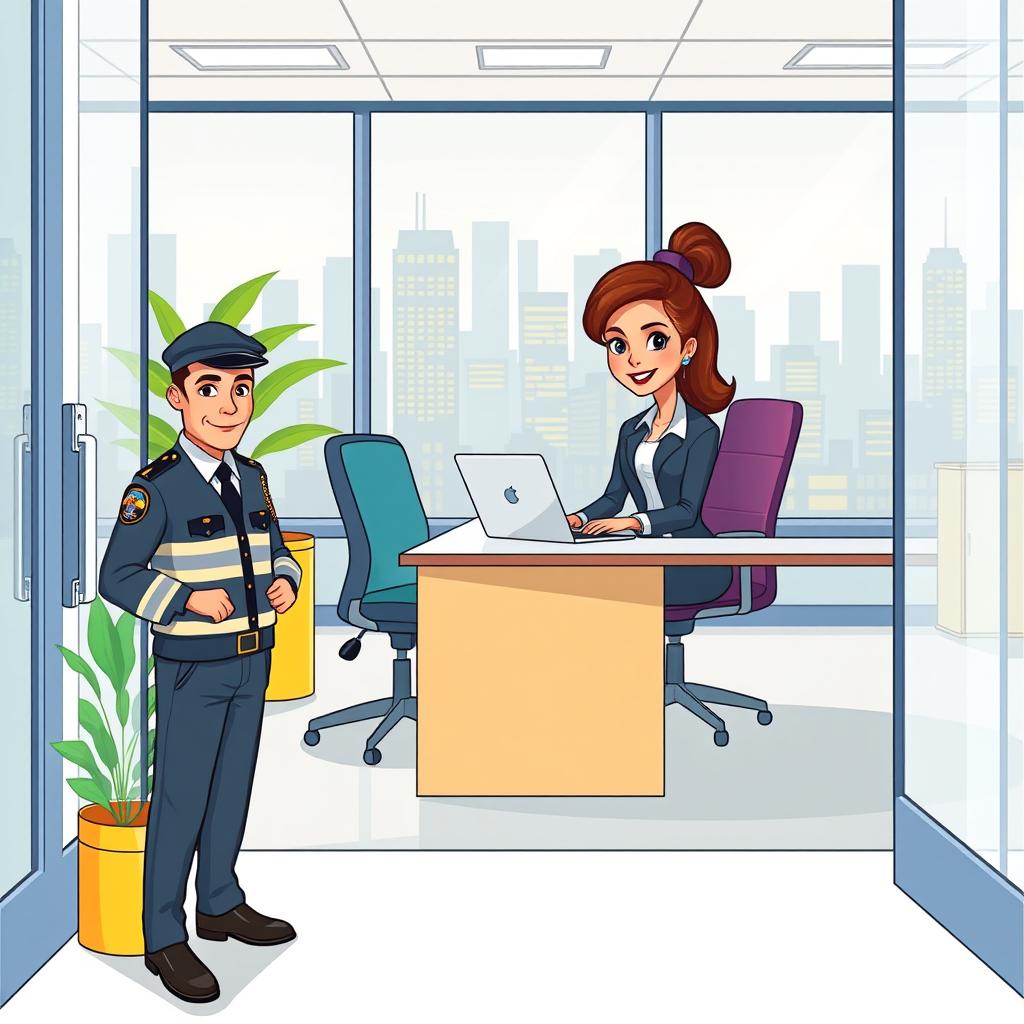 A vibrant cartoon illustration depicting a professional woman sitting at a sleek desk in an office setting, surrounded by modern office furniture and bright decor