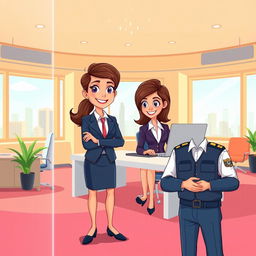 A vibrant cartoon illustration depicting a professional woman sitting at a sleek desk in an office setting, surrounded by modern office furniture and bright decor