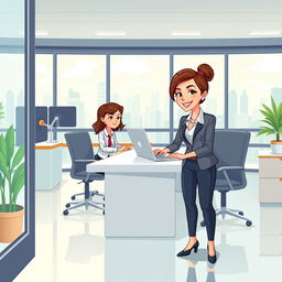 A vibrant cartoon illustration depicting a professional woman sitting at a sleek desk in an office setting, surrounded by modern office furniture and bright decor