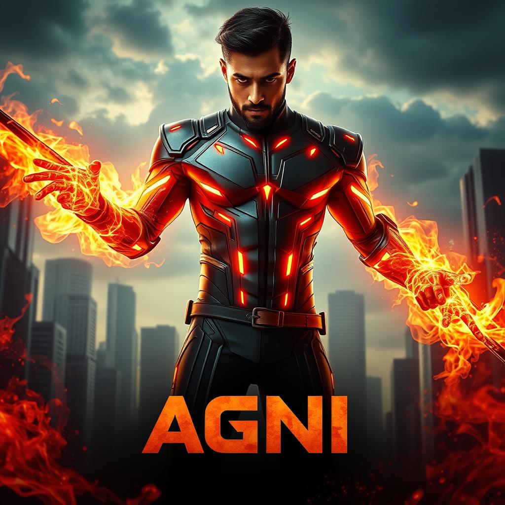 A cinematic action sci-fi film poster titled 'AGNI', featuring a 27-year-old Indian man with a confident posture, embodying fire superpowers