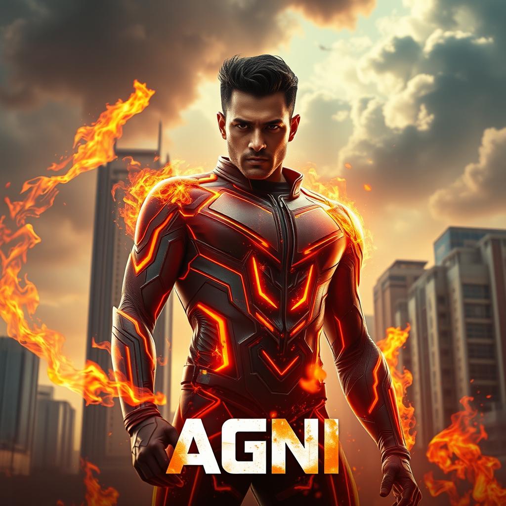 A cinematic action sci-fi film poster titled 'AGNI', featuring a 27-year-old Indian man with a confident posture, embodying fire superpowers