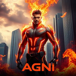 A cinematic action sci-fi film poster titled 'AGNI', featuring a 27-year-old Indian man with a confident posture, embodying fire superpowers