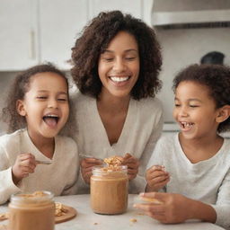 A heartwarming scene of a family enjoying eating peanut butter, smiles lighting up their faces as they scoop up spoonfuls of the creamy delight.