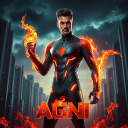 A cinematic action sci-fi film poster titled 'AGNI', featuring a 27-year-old Indian man with a confident posture, embodying fire superpowers