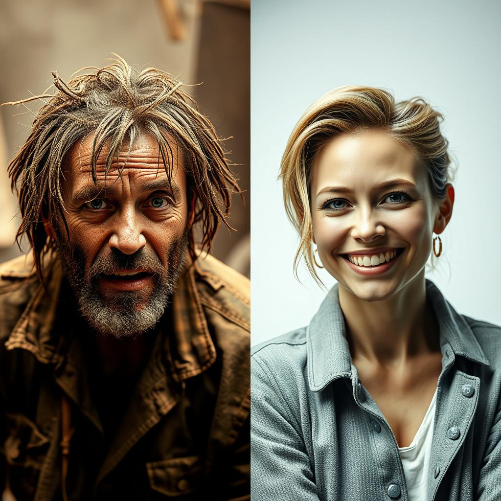 A dramatic side-by-side comparison of the same person depicted in two contrasting states: on the left, the individual appears dirty, with disheveled hair, unkempt clothing, and a distressed expression, surrounded by a messy or gritty environment