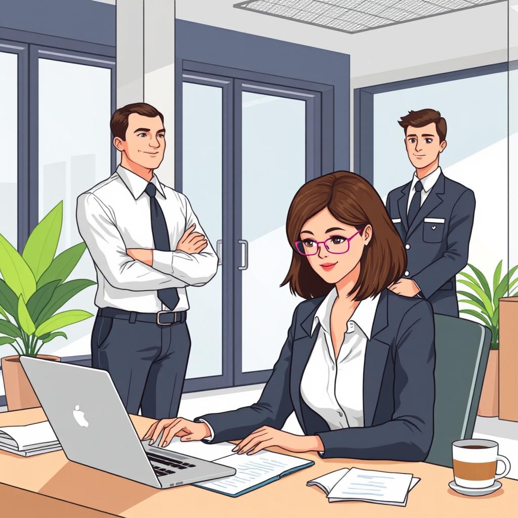 An illustrative art piece depicting a professional woman in an office, engaged in work at her desk