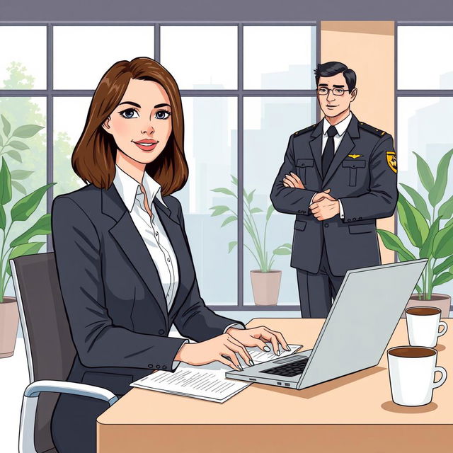 An illustrative art piece depicting a professional woman in an office, engaged in work at her desk