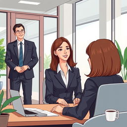 An illustrative art piece depicting a professional woman in an office, engaged in work at her desk