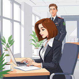 An illustrative art piece depicting a professional woman in an office, engaged in work at her desk