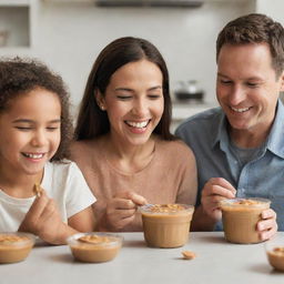 A heartwarming scene of a family enjoying eating peanut butter, smiles lighting up their faces as they scoop up spoonfuls of the creamy delight.