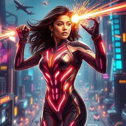 A 27-year-old Indian woman with gravitational force superpowers, depicted in a sleek, skinny superhero sci-fi futuristic suit designed with glowing patterns and vibrant colors