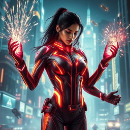 A 27-year-old Indian woman with gravitational force superpowers, depicted in a sleek, skinny superhero sci-fi futuristic suit designed with glowing patterns and vibrant colors