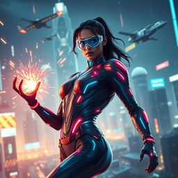 A 27-year-old Indian woman with gravitational force superpowers, depicted in a sleek, skinny superhero sci-fi futuristic suit designed with glowing patterns and vibrant colors