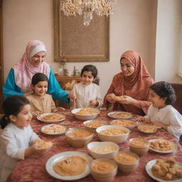 An Arabic family joyfully eating peanut butter, dressed in traditional clothing, around a vibrant dining table filled with various dishes.