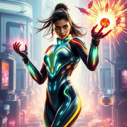 A 27-year-old Indian woman with gravitational force superpowers, depicted in a sleek, skinny superhero sci-fi futuristic suit designed with glowing patterns and vibrant colors