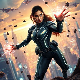 A 27-year-old Indian woman showcasing gravitational force superpowers, clad in a form-fitting, sleek superhero sci-fi futuristic suit that features luminescent lines and high-tech elements