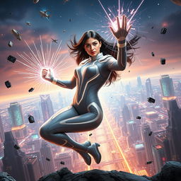 A 27-year-old Indian woman showcasing gravitational force superpowers, clad in a form-fitting, sleek superhero sci-fi futuristic suit that features luminescent lines and high-tech elements