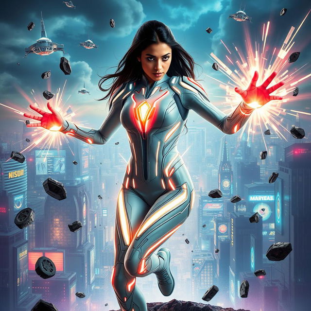 A 27-year-old Indian woman showcasing gravitational force superpowers, clad in a form-fitting, sleek superhero sci-fi futuristic suit that features luminescent lines and high-tech elements