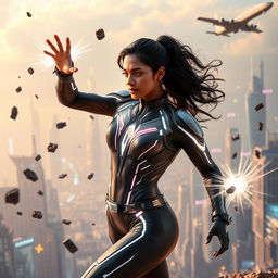 A 27-year-old Indian woman showcasing gravitational force superpowers, clad in a form-fitting, sleek superhero sci-fi futuristic suit that features luminescent lines and high-tech elements