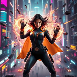 A 27-year-old Indian woman possessing gravitational force superpowers, portrayed in a sleek, form-fitting Indian superhero sci-fi futuristic suit that integrates traditional Indian elements with modern high-tech designs