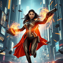 A 27-year-old Indian woman possessing gravitational force superpowers, portrayed in a sleek, form-fitting Indian superhero sci-fi futuristic suit that integrates traditional Indian elements with modern high-tech designs