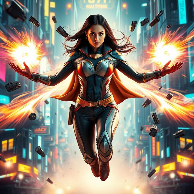 A 27-year-old Indian woman possessing gravitational force superpowers, portrayed in a sleek, form-fitting Indian superhero sci-fi futuristic suit that integrates traditional Indian elements with modern high-tech designs