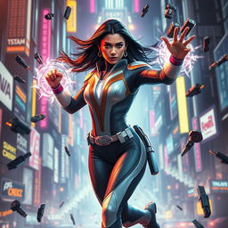 A 27-year-old Indian woman possessing gravitational force superpowers, portrayed in a sleek, form-fitting Indian superhero sci-fi futuristic suit that integrates traditional Indian elements with modern high-tech designs