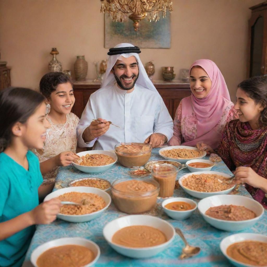 An Arabic family joyfully eating peanut butter, dressed in traditional clothing, around a vibrant dining table filled with various dishes.