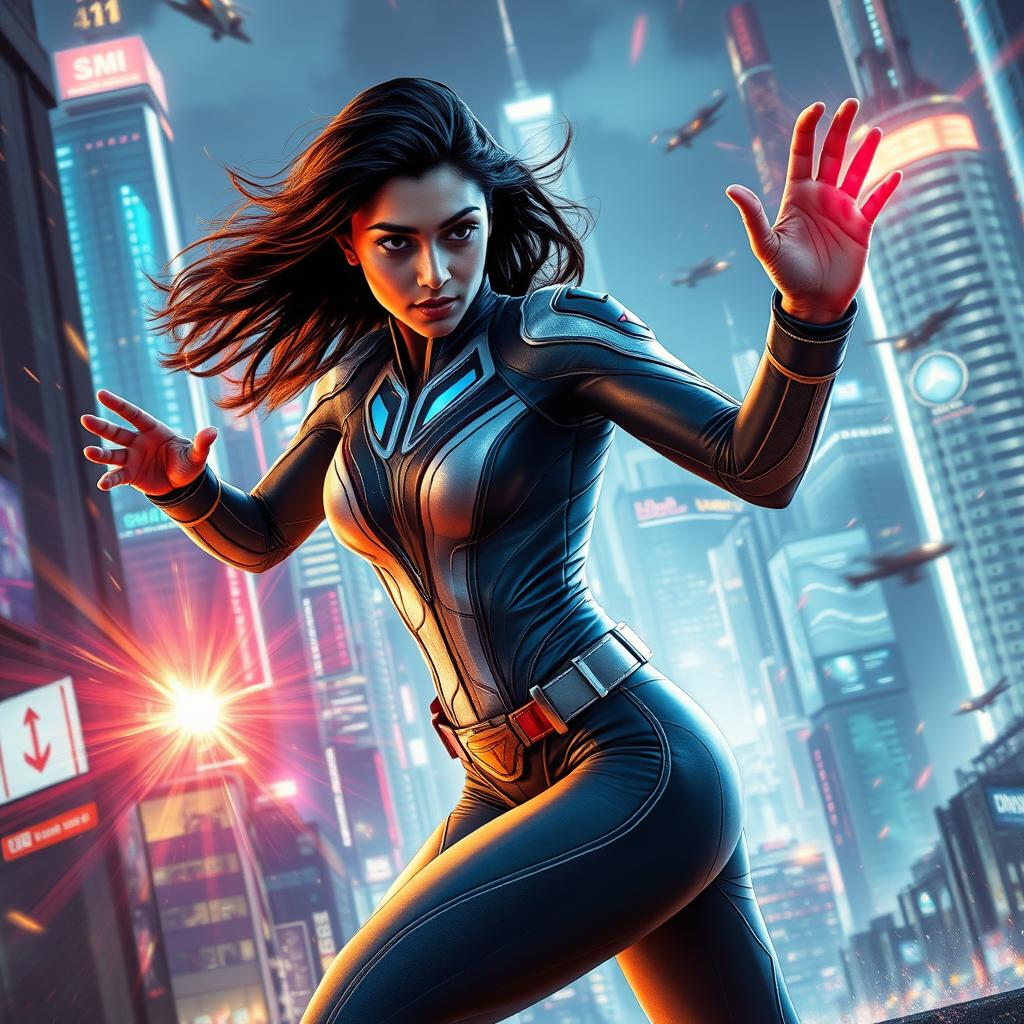 A 27-year-old Indian woman endowed with gravitational force superpowers, portrayed in a form-fitting, modern Indian superhero sci-fi futuristic suit that blends traditional motifs with cutting-edge technology