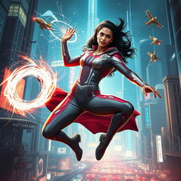 A 27-year-old Indian woman endowed with gravitational force superpowers, portrayed in a form-fitting, modern Indian superhero sci-fi futuristic suit that blends traditional motifs with cutting-edge technology