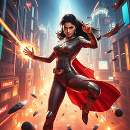 A 27-year-old Indian woman endowed with gravitational force superpowers, portrayed in a form-fitting, modern Indian superhero sci-fi futuristic suit that blends traditional motifs with cutting-edge technology