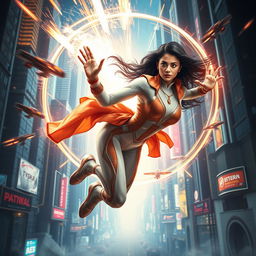 A 27-year-old Indian woman endowed with gravitational force superpowers, portrayed in a form-fitting, modern Indian superhero sci-fi futuristic suit that blends traditional motifs with cutting-edge technology