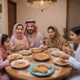 An Arabic family joyfully eating peanut butter, dressed in traditional clothing, around a vibrant dining table filled with various dishes.