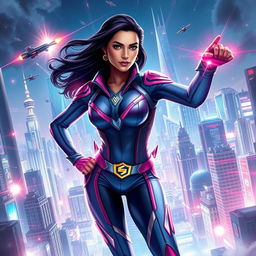 A 27-year-old Indian woman with gravitational force superpowers, depicted in a sleek, futuristic Indian superhero suit that blends traditional elements with advanced technology