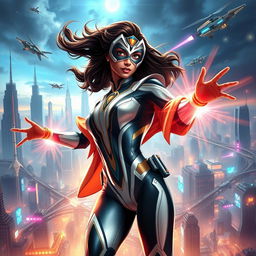 A 27-year-old Indian woman with gravitational force superpowers, depicted in a sleek, futuristic Indian superhero suit that blends traditional elements with advanced technology