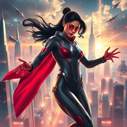 A 27-year-old Indian woman with gravitational force superpowers, depicted in a sleek, futuristic Indian superhero suit that blends traditional elements with advanced technology