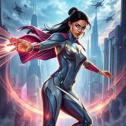 A 27-year-old Indian woman with gravitational force superpowers, depicted in a sleek, futuristic Indian superhero suit that blends traditional elements with advanced technology