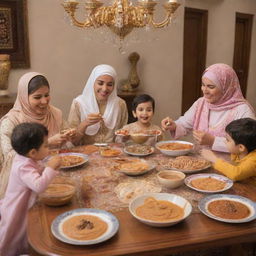 An Arabic family joyfully eating peanut butter, dressed in traditional clothing, around a vibrant dining table filled with various dishes.