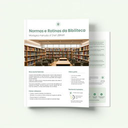 A professional manual titled 'Manual de Normas e Rotinas da Biblioteca', designed with a clean and organized layout