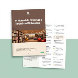 A professional manual titled 'Manual de Normas e Rotinas da Biblioteca', designed with a clean and organized layout